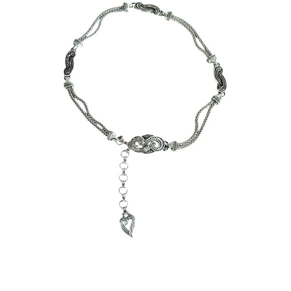 Brighton Bali Hai Silver Braided Swirl Hook Heart Charm Chain Belt size Small - Picture 1 of 9